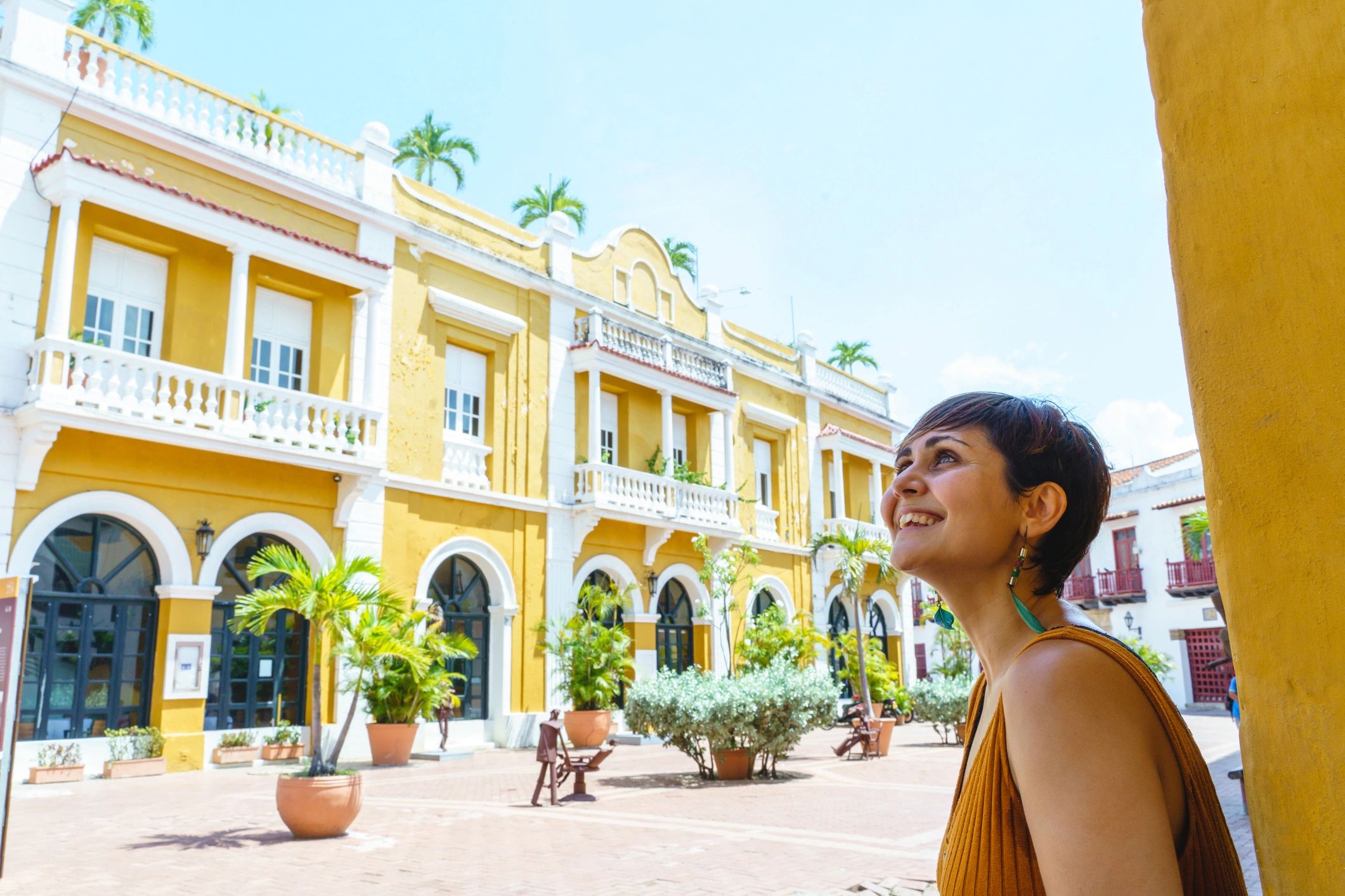 Horizontal view of latin woman sightseeing in spanish